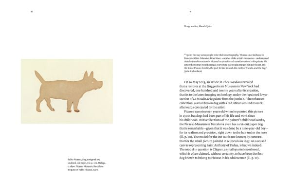 Book cover of Picasso and his Dogs: Amigos Forever, with a painting of a black and white spotted dog. Published by Editions Norma.