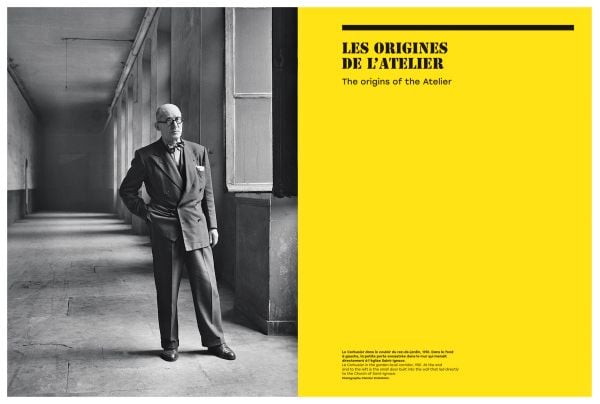 Book cover 35S. L'atelier de Le Corbusier, with the architect and designer making notes. Published by Editions Norma.