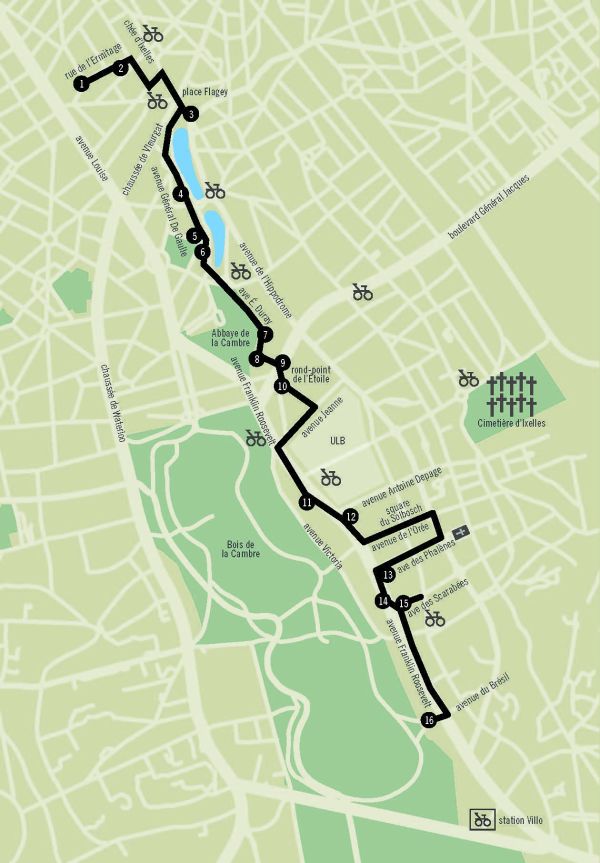 Flat roof building with swimming pool, brick front house with door below, on cover of 'Brussels Art Deco, Walks in the City Center', by Lannoo Publishers.