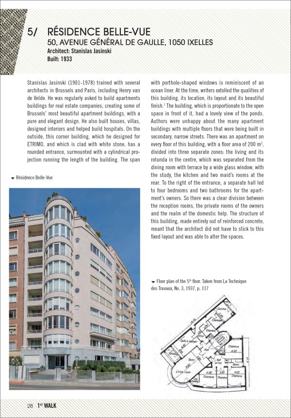 Flat roof building with swimming pool, brick front house with door below, on cover of 'Brussels Art Deco, Walks in the City Center', by Lannoo Publishers.