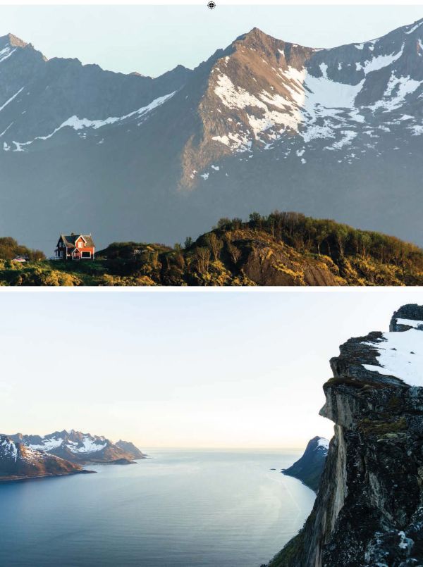 Aerial view of 2 people on bicycles riding on road towards mountainous landscape, on cover of 'Bike Life, Travel, Different', by Lannoo Publishers.