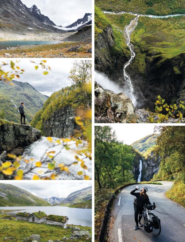 Aerial view of 2 people on bicycles riding on road towards mountainous landscape, on cover of 'Bike Life, Travel, Different', by Lannoo Publishers.