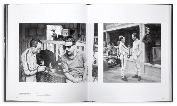 Nose and front right tyre of old racing car, spectators sitting on wall behind, Johnny Rives Manou Zurini Editions Cercle D'Art Car Racing 1966 in grey font to top and bottom.