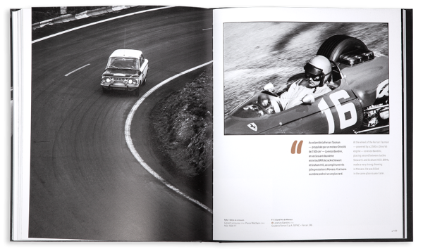 Nose and front right tyre of old racing car, spectators sitting on wall behind, Johnny Rives Manou Zurini Editions Cercle D'Art Car Racing 1966 in grey font to top and bottom.