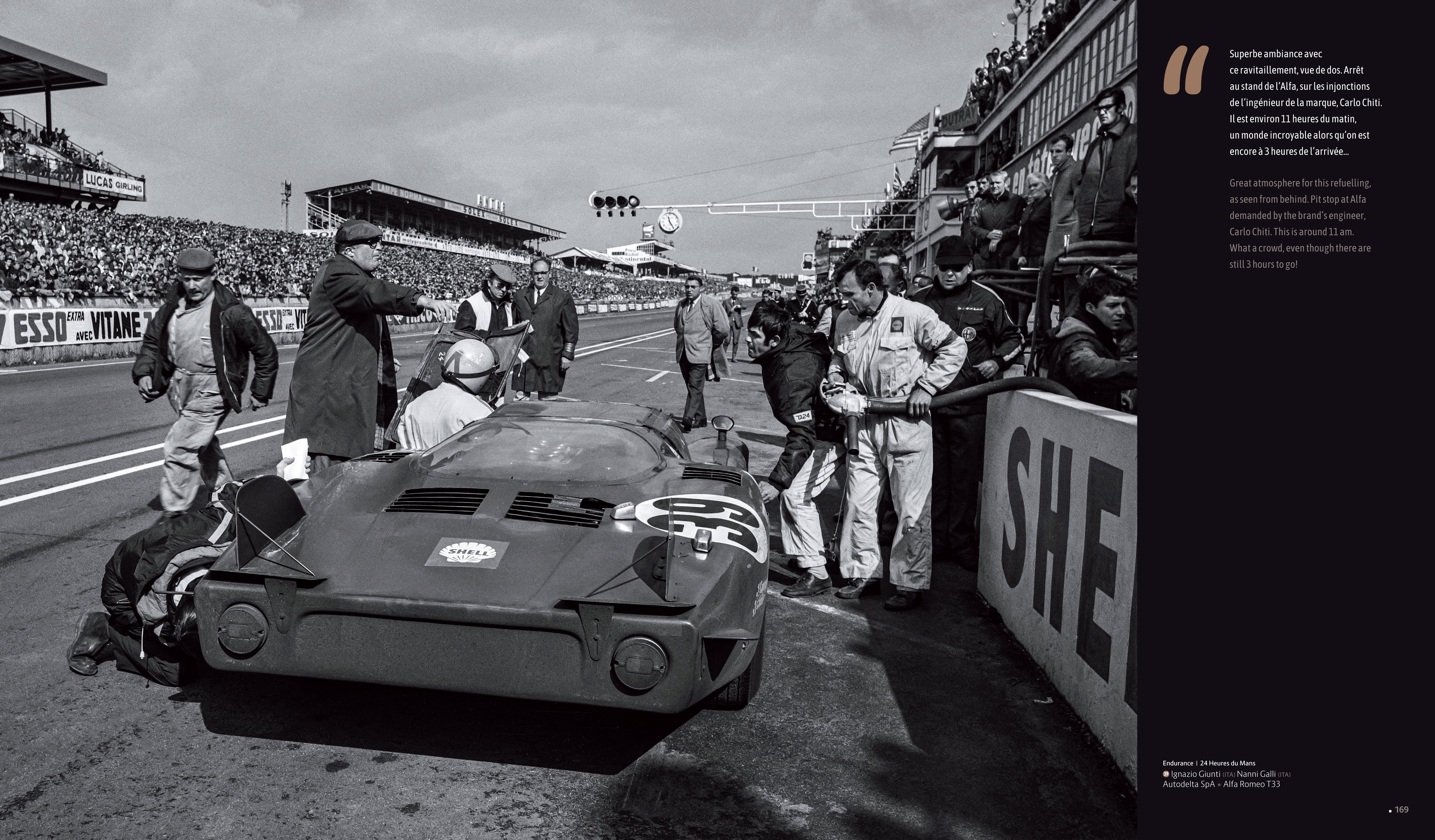 Action shot of sports car race, spectators watching from side, Johnny Rives Manou Zurini Alain Pernot Editions Cercle D'Art Car Racing 1968 in white and beige to top and bottom.