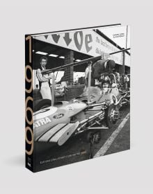 Book cover of Car Racing 1969, featuring racing driver sitting in jacked up car with no wheels. Published by Editions Cercle d'Art.