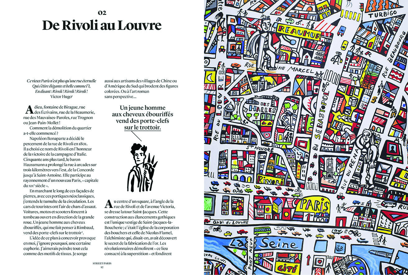 Colour illustration of map of Paris with figures, Street Paris in cut-out shapes on white square to centre