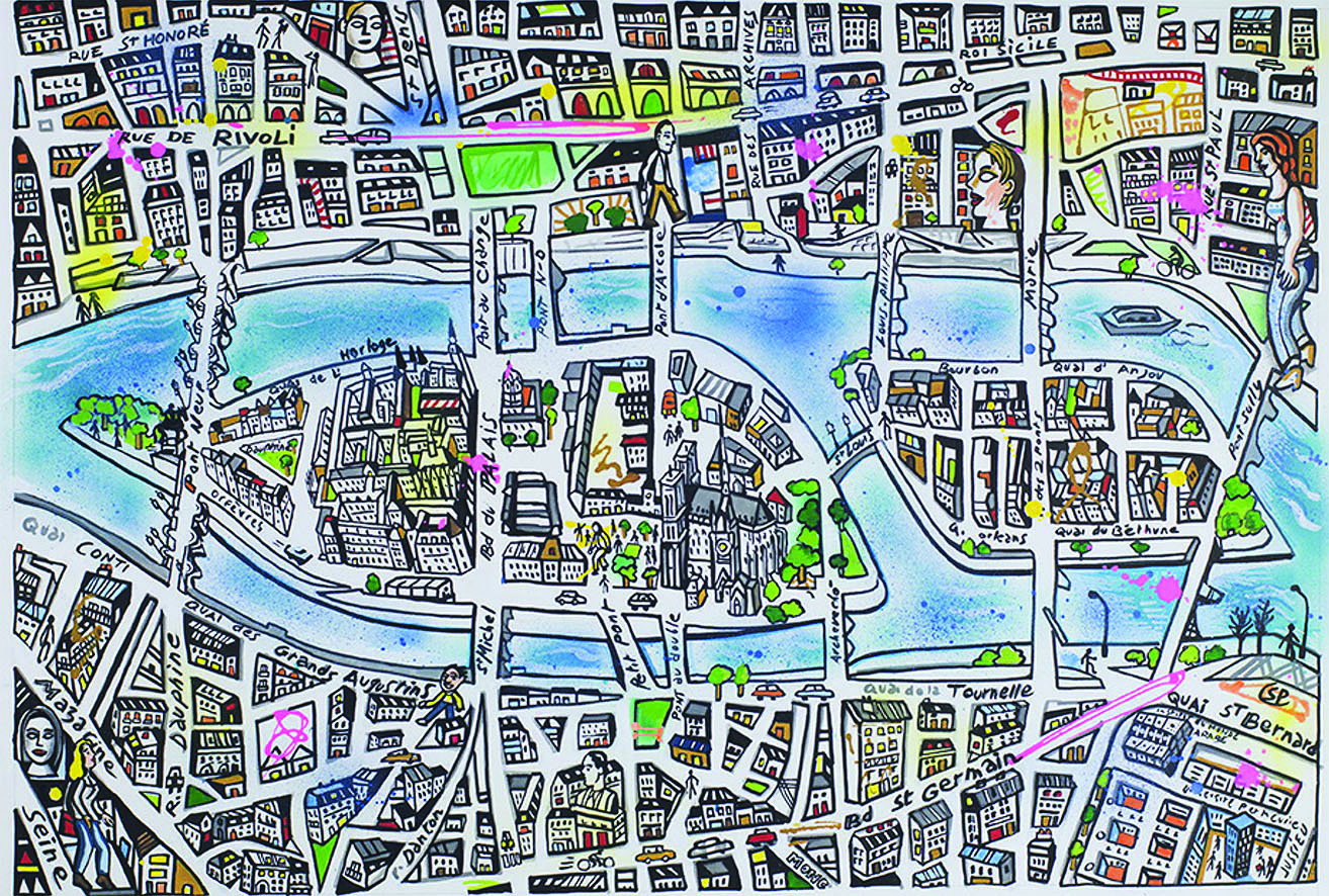 Colour illustration of map of Paris with figures, Street Paris in cut-out shapes on white square to centre