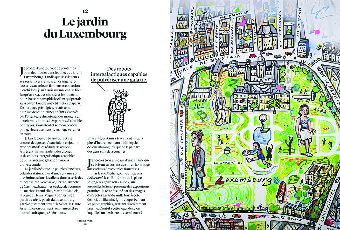 Colour illustration of map of Paris with figures, Street Paris in cut-out shapes on white square to centre