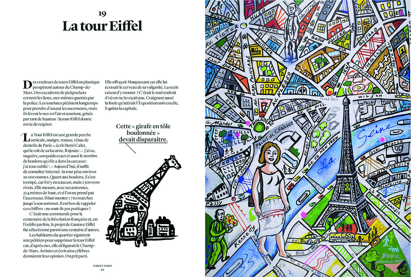 Colour illustration of map of Paris with figures, Street Paris in cut-out shapes on white square to centre