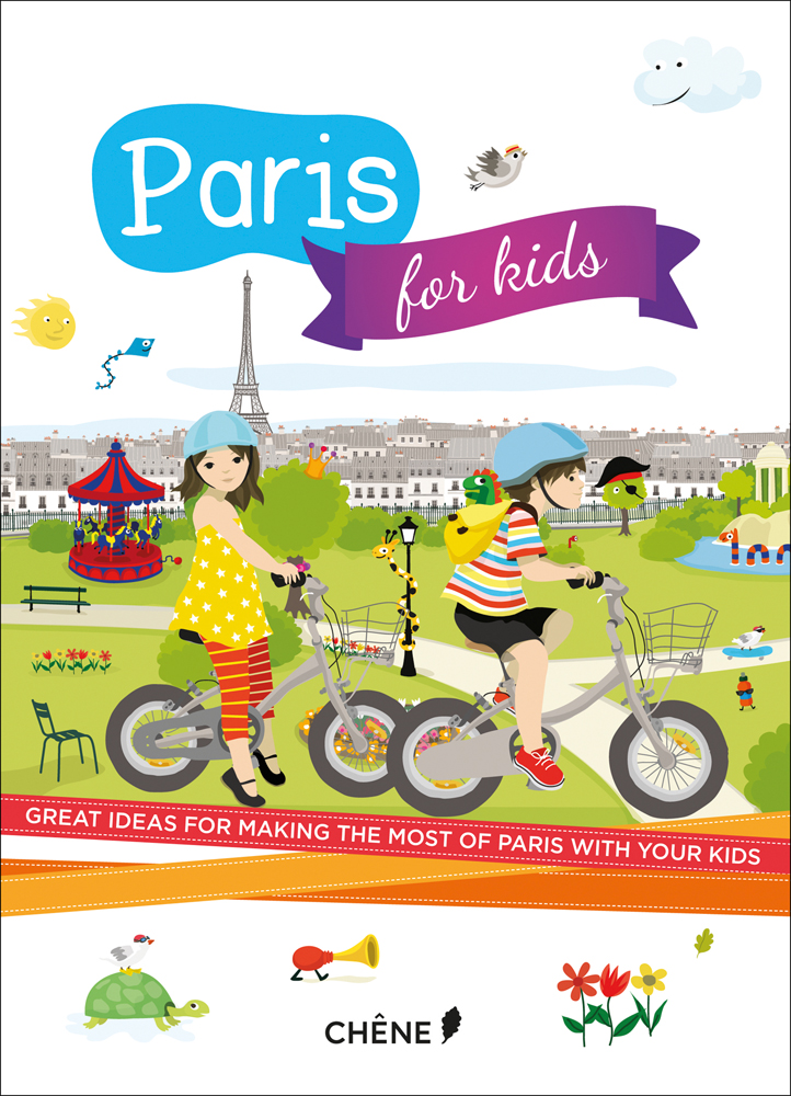 Illustration of 2 children on bikes, riding through park, Eiffel Tower behind, Paris for Kids in white font on blue and purple banners above