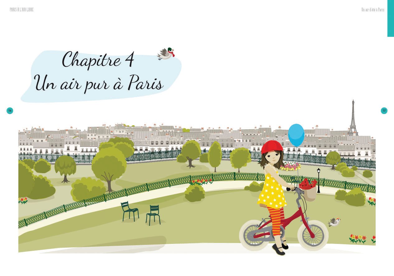 Illustration of 2 children on bikes, riding through park, Eiffel Tower behind, Paris for Kids in white font on blue and purple banners above
