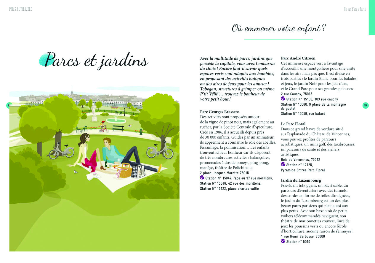 Illustration of 2 children on bikes, riding through park, Eiffel Tower behind, Paris for Kids in white font on blue and purple banners above