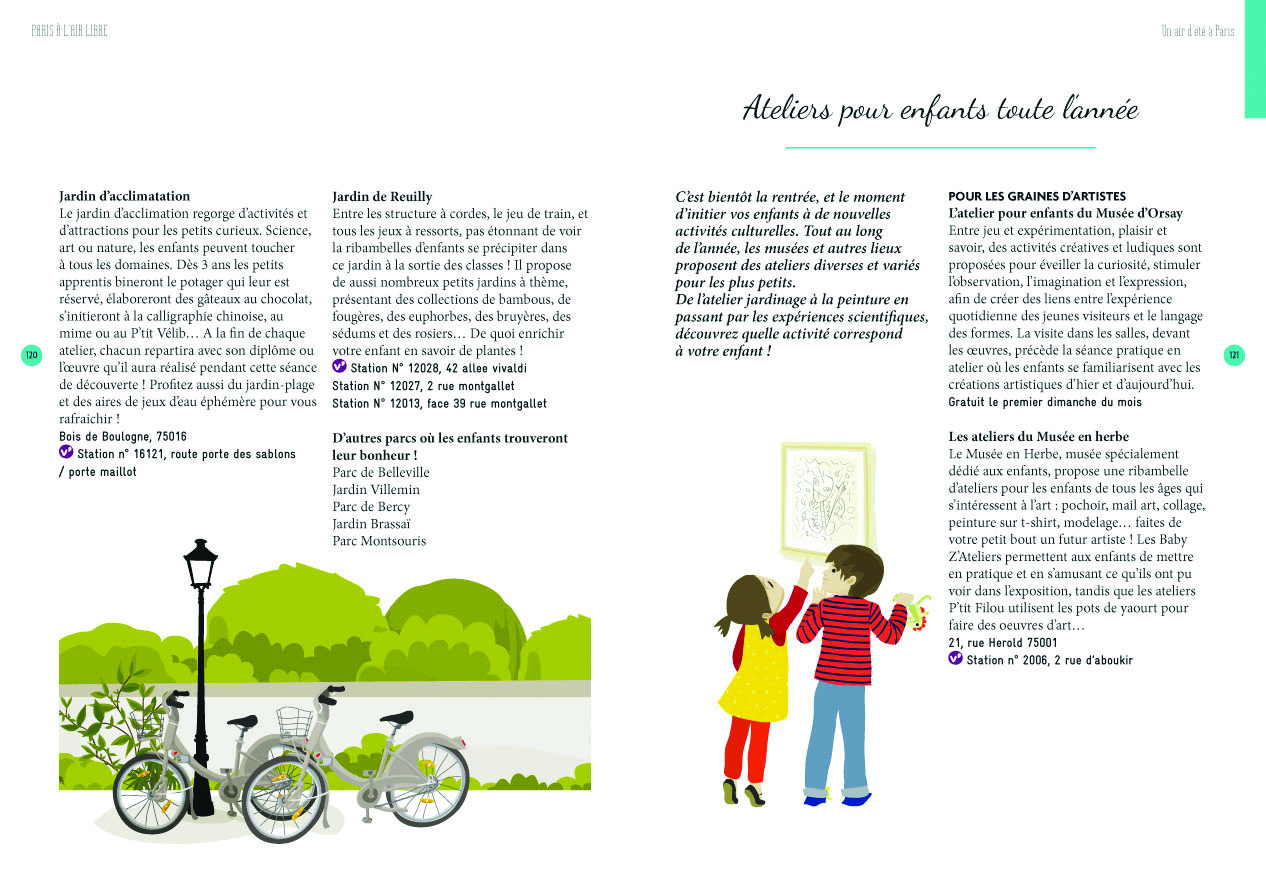 Illustration of 2 children on bikes, riding through park, Eiffel Tower behind, Paris for Kids in white font on blue and purple banners above