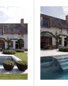 Swimming pool in landscaped garden through interior glass doors, table and chairs on patio, on cover of 'Ultimate Gardens & Swimming Pools', by Beta-Plus.