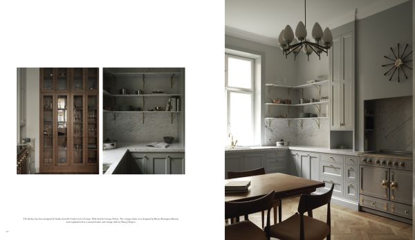 White walled interior, beige chair, black light fitting on cover of 'Mid-Century Modern, High-End Furniture in Collectors' Interiors', by Beta-Plus.