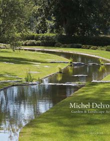 Green landscaped garden with curved waterway, on landscape cover of 'Michel Delvosalle Garden & Landscape Architect', by Beta-Plus.