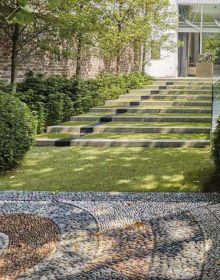 Green landscaped garden with curved waterway, on landscape cover of 'Michel Delvosalle Garden & Landscape Architect', by Beta-Plus.