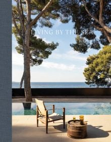 Chair and barrel table with drink on top, swimming pool, sea view behind, tall trees either side, on cover of 'Living by the Sea', by Beta-Plus.