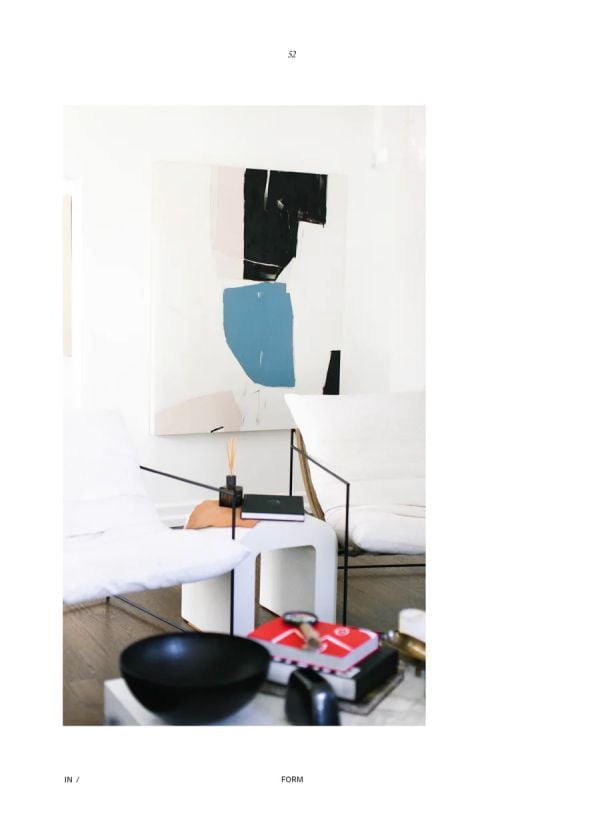 Abstract painting in white, black ands beige titled 'A Mere la Mere', by Holly Addi, on cover of 'IN /FORM, by Beta-Plus.