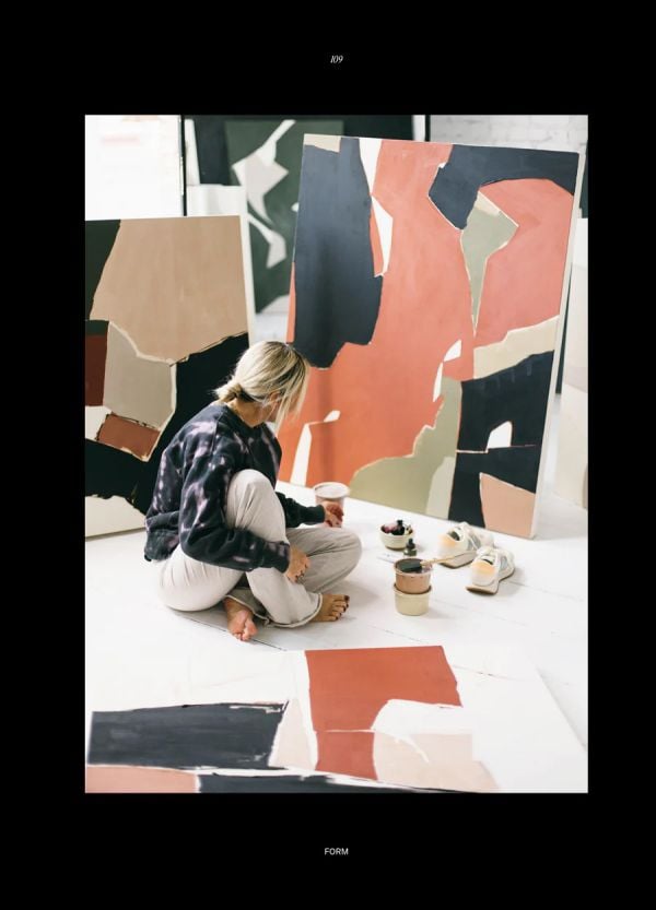 Abstract painting in white, black ands beige titled 'A Mere la Mere', by Holly Addi, on cover of 'IN /FORM, by Beta-Plus.