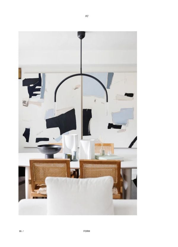 Abstract painting in white, black ands beige titled 'A Mere la Mere', by Holly Addi, on cover of 'IN /FORM, by Beta-Plus.