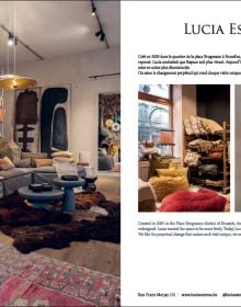 Book cover of Quartier Brugmann, L'Art de Vivre in Brussels' Most Stylish Area, with a white interior living room with wood floor, coffee-table, and low hanging light. Published by Beta-Plus.