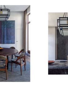 Book cover of The Art of Craftsmanship, Interiors by Van Overstraeten, with interior with wood paneled wall, low hanging modern light fitting, and marble seat. Published by Beta-Plus.