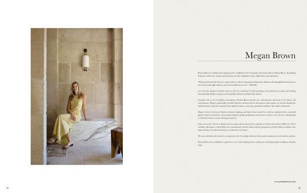 Book cover of The Feminine Touch: 33 Interior Designers Defining Tomorrow, with an interior with a marble sink and floral walls. Published by Beta-Plus.