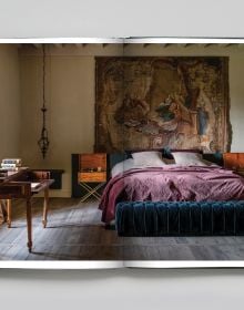 Book cover of Anne Derasse: Inner Time, with an interior room with curtain with tassel tie and stone column behind. Published by Beta-Plus.