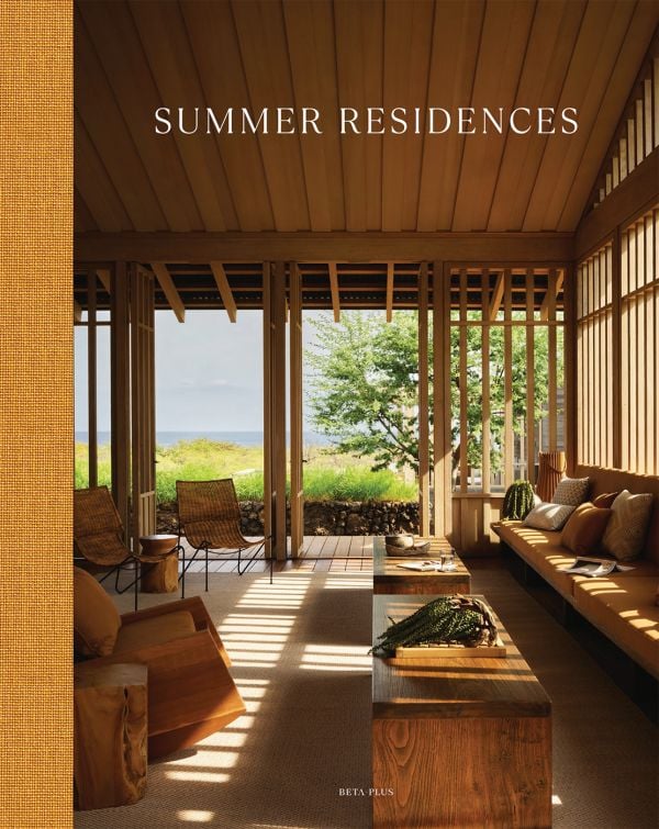 Book cover of Summer Residences, with interior living space with cream carpet, wood furniture, with double doors opening out to landscape. Published by Beta-Plus.