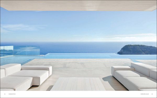 Book cover of The Essence of Contemporary Mediterranean Living: Ramón Esteve; featuring an outside residential terrace with infinity pool. Published by Beta-Plus.