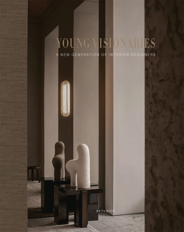 Book cover of Young Visionaries: A New Generation of Interior Designers: featuring an interior living room with modern sculptures on dark wood table. Published by Beta-Plus.