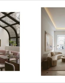 Book cover of Quatre Mains: Creative Duos In Architecture & Interior Design; featuring an interior room with dark green panelled walls and a large brown armchair. Published by Beta-Plus.