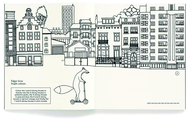 Illustration of fox standing on rooftop colouring letter 's' in orange of Brussels, Colouring Brussels stencilled font above.
