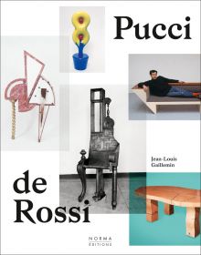 Furniture pieces: carved wood chair, thick legged table, on cover of 'Pucci de Rossi', by Editions Norma.