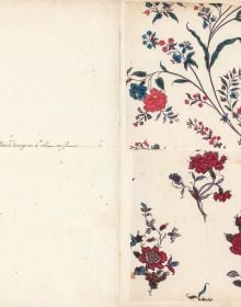 Book cover of The Holker Album, Textile Samples and Industrial Espionage in the 18th Century, with a dark red and pink checked material Published by Musée des Arts Décoratifs.