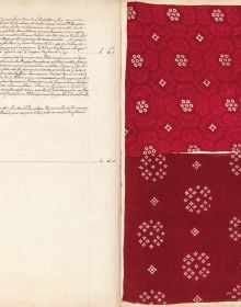 Dark red checked material with pink vertical lines, on cover of 'The Holker Album, Textile Samples and Industrial Espionage in the 18th Century', by Musée des Arts Décoratifs.