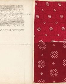 Book cover of The Holker Album, Textile Samples and Industrial Espionage in the 18th Century, with a dark red and pink checked material Published by Musée des Arts Décoratifs.