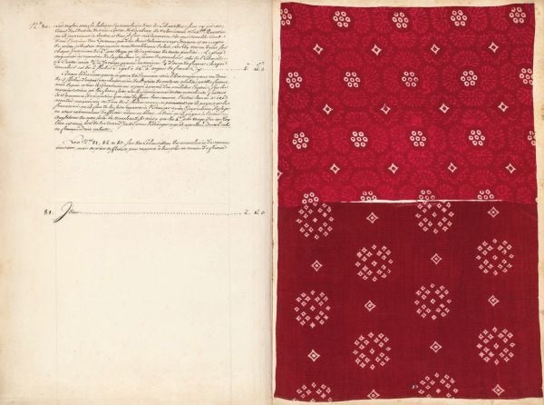Book cover of The Holker Album, Textile Samples and Industrial Espionage in the 18th Century, with a dark red and pink checked material Published by Musée des Arts Décoratifs.