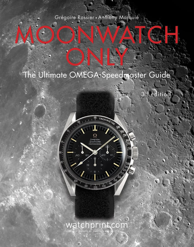 Black and silver OMEGA Speedmaster watch, moon surface with craters behind, MOONWATCH ONLY in red font above.