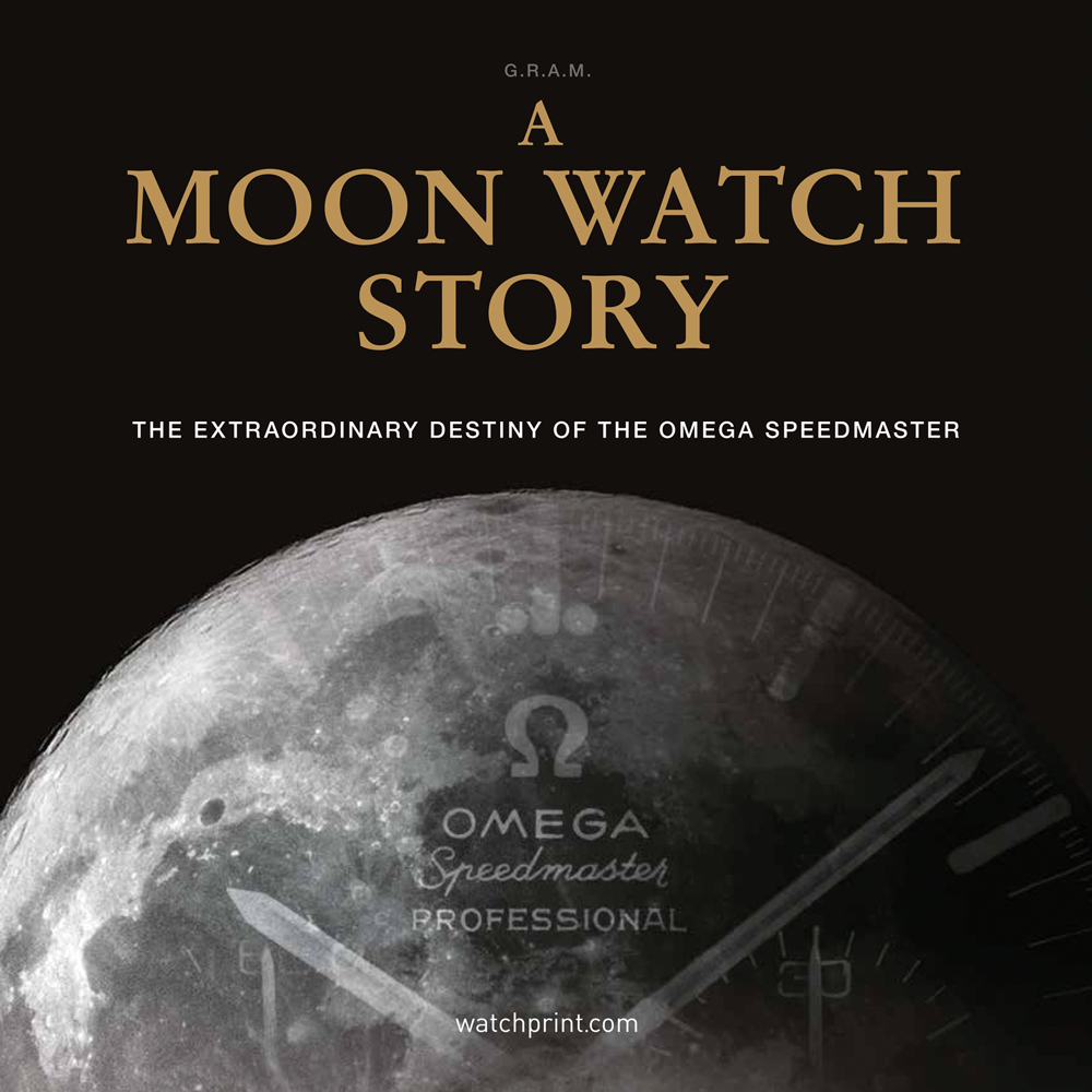 Black book cover of A Moon Watch Story, The Extraordinary Destiny of the Omega Speedmaster, featuring the moon's surface with speed master clock face on top. Published by Watchprint.com.