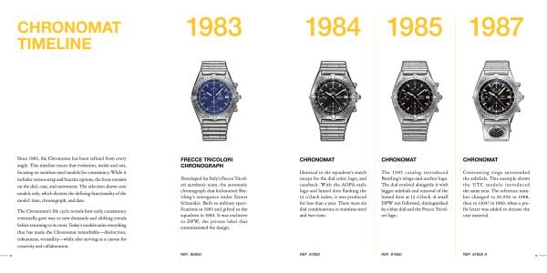Book cover of Chronomat Story: The untold history of Breitling's ultimate all-purpose sports watch; featuring a silver Breitling watch with blue face. Published by Watchprint.com.