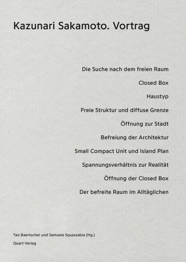 Book cover of Kazunari Sakamoto: Vortrag. Published by Quart Publishers.