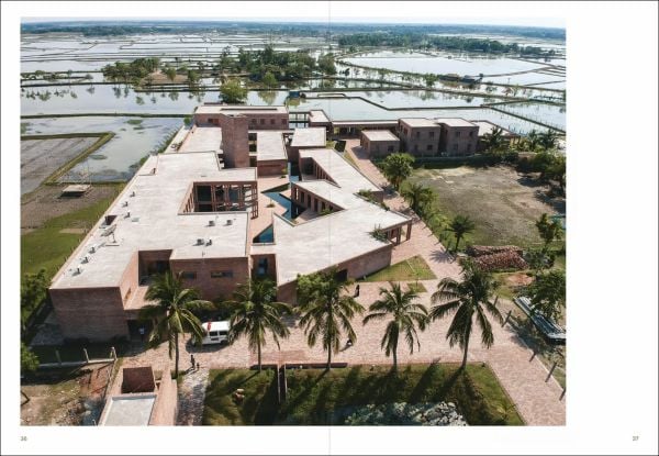 Gold book cover of 'Rising Oceans & Spaces That Care, Complexities and ideas behind the Friendship Hospital by Kashef Chowdhury / URBANA in Bangladesh. Published by Quart Publishers.