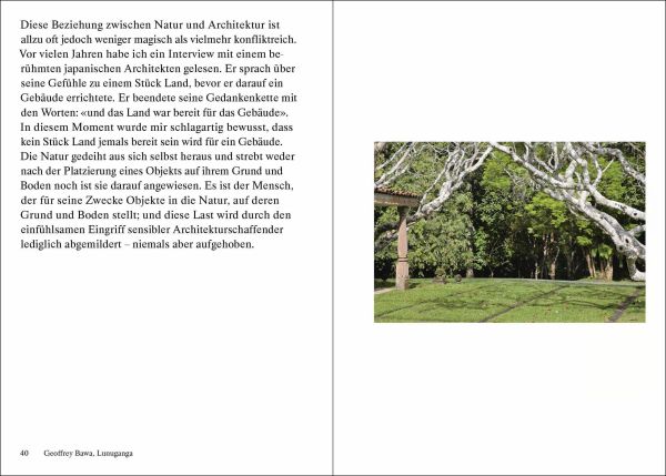 Book cover of Das Bewusstsein des Ortes; with stone ruins partially covered by green forest trees and bracken. Published by Quart Publishers.