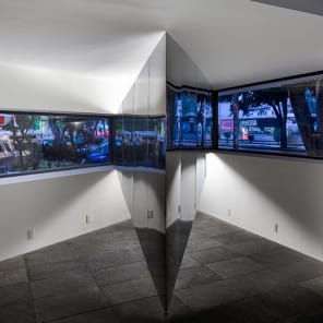 Horizontal photo of 2 figures carry board up slated platform, Exposed Architecture in black font on pale orange cover