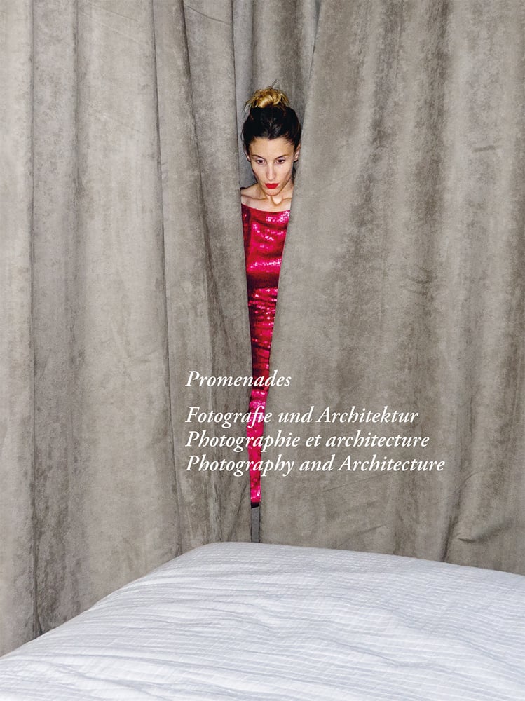 Book cover of Promenades: Photography and Architecture; featuring a woman in sparkly red dress peering through taupe drapes. Published by Park Books.