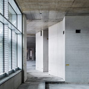 Book cover of Promenades: Photography and Architecture; featuring a woman in sparkly red dress peering through taupe drapes. Published by Park Books.