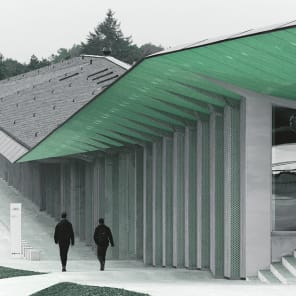 Sketch of head and shoulders, face cut off facing inward to hole in head, on green cover, Thinking Visions for Architectural Design in black font above